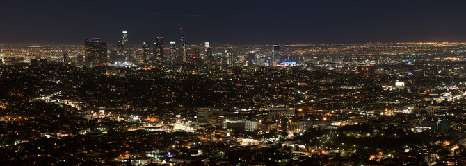 Panoramic landscape of Los Angeles city lights at night