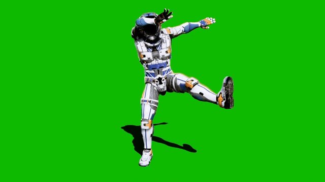 Astronaut-soldier of the future, dancing in front of a green screen. Looped realistic animation.