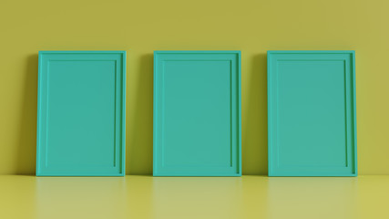 Blank picture frame with table and wall background. 3D rendering.
