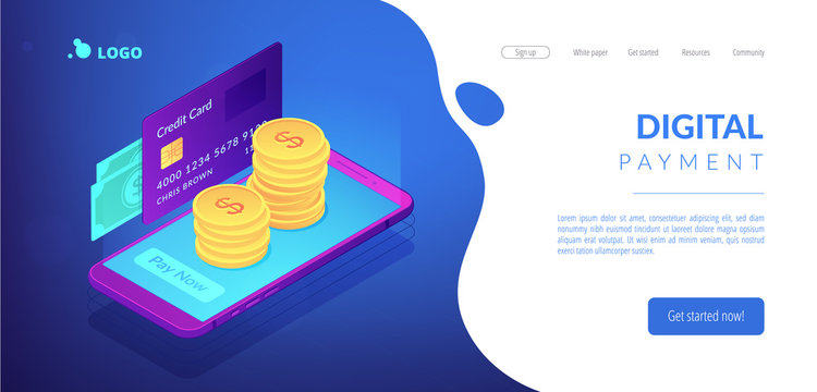 Credit card, banknotes and dollar coins transfer with mobile phone to pay now. Money transfer, digital payment, online cashback service concept. Isometric 3D website app landing web page template