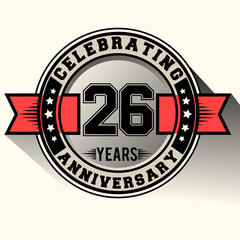 Celebrating 26 years anniversary logo vintage emblem with red ribbon, Retro vector design isolated on white background
