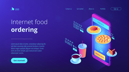 Choose fast food and drink on menu online with smartphone app and order now. Online order, internet food ordering, digital restaurant menu concept. Isometric 3D website app landing web page template