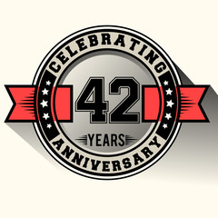 Celebrating 42 years anniversary logo vintage emblem with red ribbon, Retro vector design isolated on white background