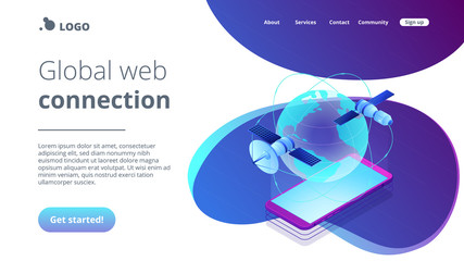 Communication satellites moving on orbit over smartphone. Global web connection, global network communication, satellite navigation system concept. Isometric 3D website app landing web page template © Visual Generation