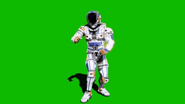 Astronaut-soldier of the future, dancing in front of a green screen. Looped realistic animation.