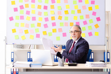 Aged man employee in conflicting priorities concept 