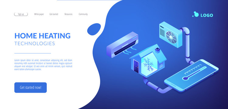 Smart house and air conditioning system controlled with smartphone. Air conditioning, smart cooling system, air conditioning units concept. Isometric 3D website app landing web page template