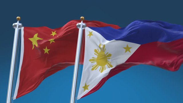 4k Seamless Philippines and China Flags with blue sky background;A fully digital rendering;The animation loops at 20 seconds;PHI PH CHN CN.