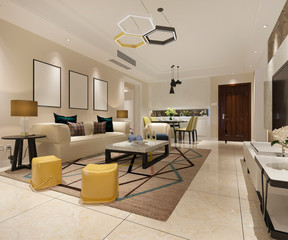 3d rendering vintage living room with kitchen