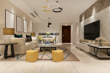 3d rendering vintage living room with kitchen