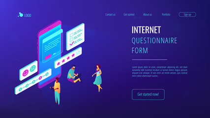Tiny people at smartphone filling out questionnaire form and rating. Online survey, internet questionnaire form, marketing research tool concept. Isometric 3D website app landing web page template