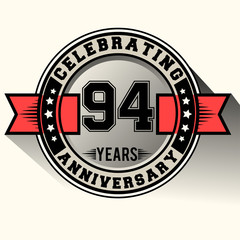 Celebrating 94 years anniversary logo vintage emblem with red ribbon, Retro vector design isolated on white background