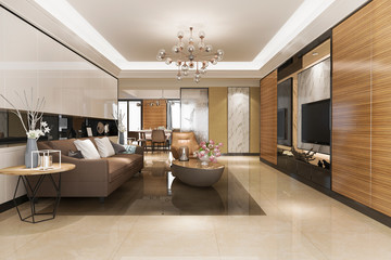 3d rendering modern dining room and living room with luxury decor