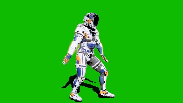 Astronaut-soldier of the future, dancing in front of a green screen. Looped realistic animation.