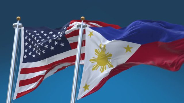 4k Seamless United States of America And Philippines Flags with blue sky background;A fully digital rendering;The flag 3D animation loops at 20 seconds;USA US PHI PH.