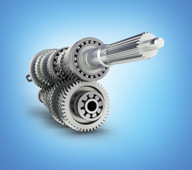 Automotive transmission gearbox Gears inside on blue gradient background 3d render