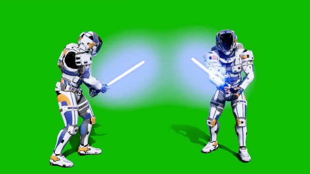 Astronaut-soldier of the future fighting with a lightsaber in front of a green screen. Realistic animation.