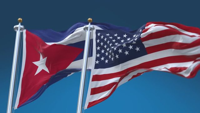 4k Seamless United States of America And Cuba Flags with blue sky background;A fully digital rendering;The flag 3D animation loops at 20 seconds;USA US CUB CU.