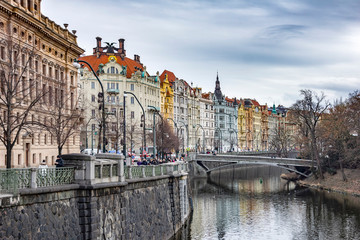Street in December in downtown Prague along the Vltava river, Czech Republic, Czech Republic