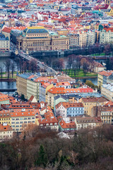 Fototapeta na wymiar Aerial view of the National Theater, Vltava river and surrounding buildings in Prague, Czech Republic