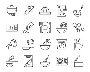 set of kitchen tools icons, such as knife, plate, oven, pan, fork, bowl, mixer