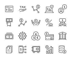 set of money icons, such as finance, statement, bank, coin, stock, currency, exchange