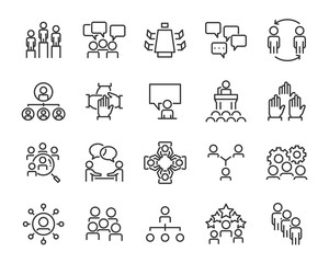 set of business people icons, such as meeting, team, structure, communication, member, group