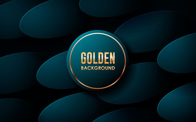 Realistic blue abstract background. Modern shape with golden line on circle and golden glitters dots element decoration. 3D backdrop.