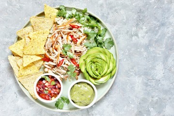 Mexican buddha bowl chicken nachos. kirin meat fibers, nachos chips, avocado rose, cilantro greens, avocado sauce, salsa sauce (Pico de Gallo). copy space.