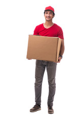 Young male courier with box 