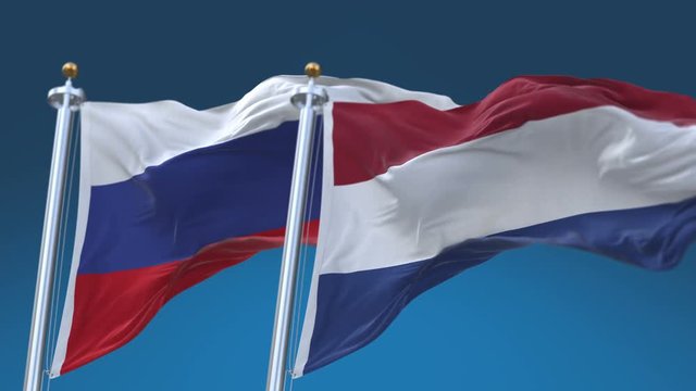 4k Seamless Netherlands Holland and Russia Flags with blue sky background;A fully digital rendering;The animation loops at 20 seconds;NED NL RUS RU.