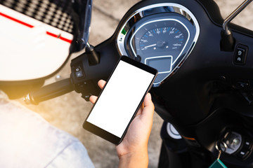 Mockup Woman with helmet hand holding mobile smart phone with blank white screen isolated on...