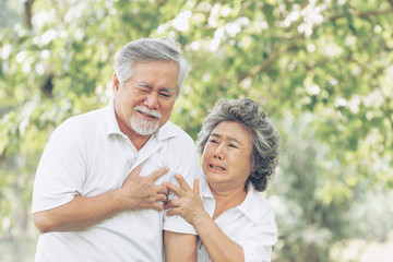 Senior male Asian suffering from bad pain in his chest heart attack at garden park , Wife supporting husband - Elderly couple senior heart disease