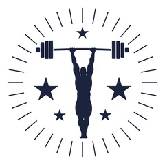 bodybuilder and barbell silhouettes. Icon of the posing athlete. Sporty style stamp