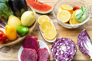 Mixed vegetables healthy diet food on wood table