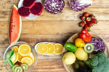 top view mixed vegetables healthy diet food on wood table background textures , copy space