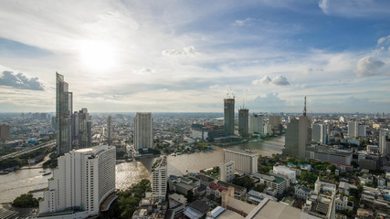 Fototapeta premium Aerial view curve Chao Phraya River Bangkok city downtown skyline of bangkok Thailand on 2017, Panoramic Cityscape Thailand