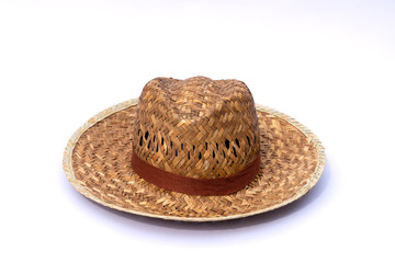 Wooden bamboo straw hat isolated on white background.