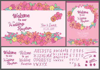 結婚式の案内　ウェルカムボード　手書きの花柄イラスト　手書きの文字