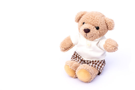 Brown teddy bear in boy dresed isolated on white background.