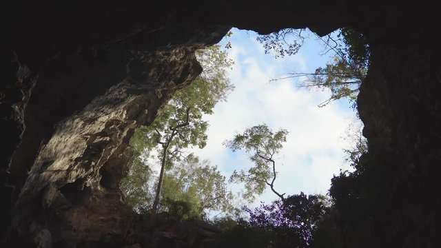 Hi Speed 2500 fps. Cave of Mountain on Top Against Blue Sky, Sunlight Made Light and Dark on Rock, Wind Blowing and Movement of Plant and Tree  