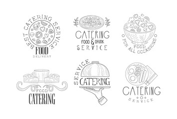 Hand drawn vector logos for catering and food delivery companies. Monochrome emblems with pizza, salad, English breakfast, tray, coffee cup and cakes