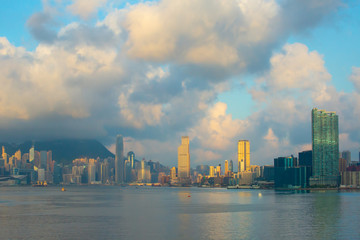 Hong Kong city skyline, China at sunrise
