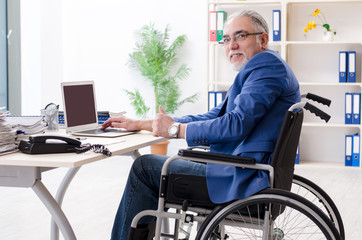 Aged employee in wheelchair working in the office 