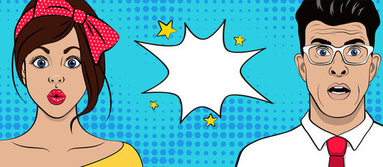 Vorlage Werbeplakat im Stil der Pop-Art. Zwei der überraschten geschockten Europäer. Mann und Frau. Vektor-Illustration © L-TOP