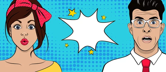 Vorlage Werbeplakat im Stil der Pop-Art. Zwei der überraschten geschockten Europäer. Mann und Frau. Vektor-Illustration © L-TOP