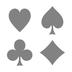 Playing cards suits. Spades, hearts, diamonds, clubs icons. Game cards signs. Isolated vector illustration