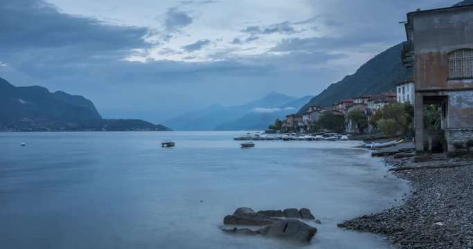 Time lapse of lake and boats near Lezzeno at dusk, Lake Como, Lombardy, Italy