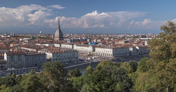 Time lapse of panoramic view of Turin skyline and Mole Antonelliana, Turin, Piedmont, Italy