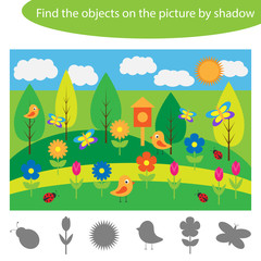 Find the objects by shadow, summer game for children in cartoon style, education game for kids, preschool worksheet activity, task for the development of logical thinking, vector illustration